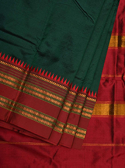 Dark Green Narayanpet Silk Handloom Plain Saree