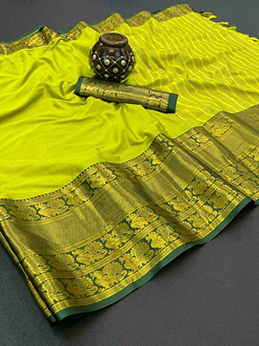 NIYAMI Women Light Green Temple Border Jacquard Narayanpet Saree