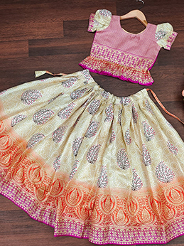 PINK WEAVING JUTE SILK KIDS LEHENGA CHOLI